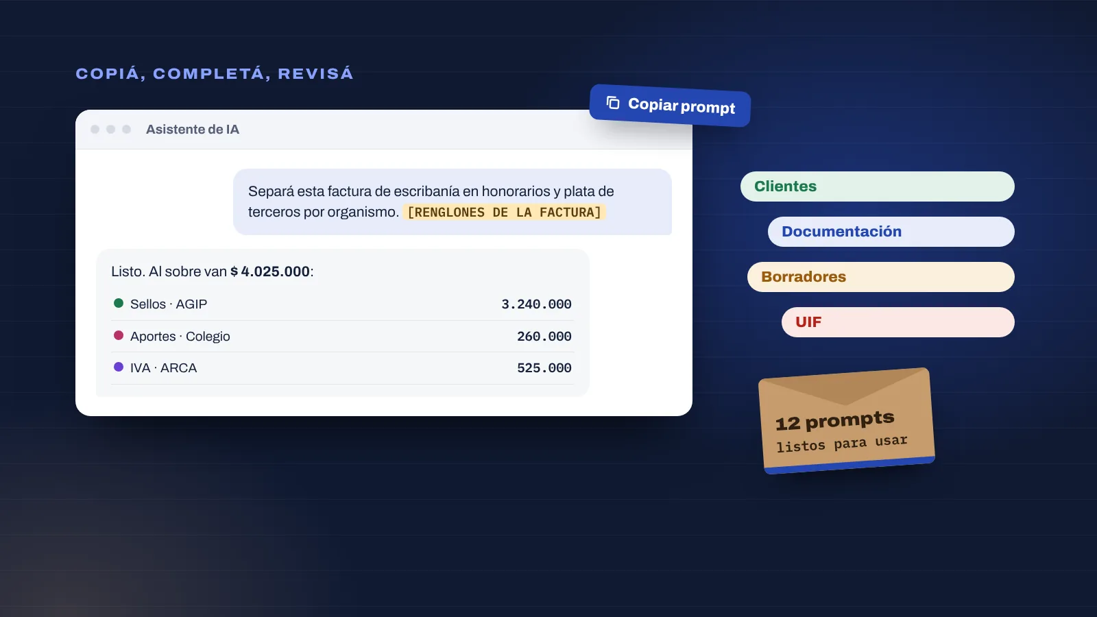Prompt para separar una factura de escribanía y la respuesta con sellos, aportes e IVA